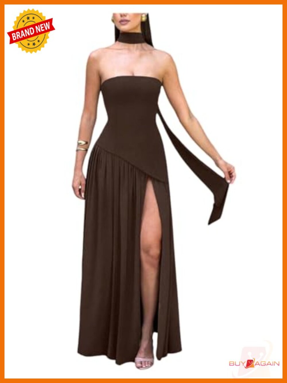 Women's Strapless Maxi Dress Split Thigh Fit and Flare with Scarf